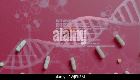 Image of chemical structures, data processing and dna strand over pills Stock Photo