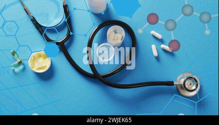 Image of chemical structures and data processing over pills and stethoscope Stock Photo