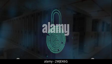 Image of digital interface with online security biometric padlock icon and data processing Stock Photo