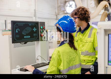 engineer team staff worker working in wooden furniture factory control operate wood cutter machine Stock Photo