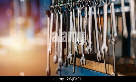 variety wrenches sizes tools closeup service equipments tool in garage workshop professional toolset Stock Photo