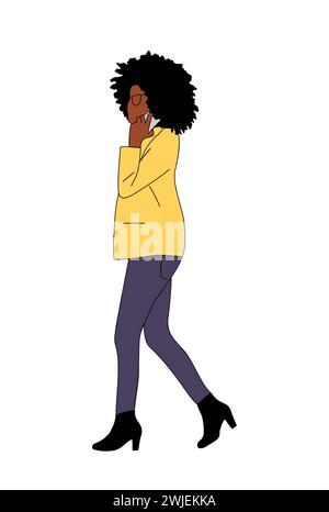 Black business woman walking side view with phone. Stock Vector