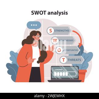 Market penetration concept. A professional woman deciphers business potential using SWOT analysis. Balancing strengths, weaknesses, opportunities, threats. Comprehensive review. vector illustration. Stock Vector