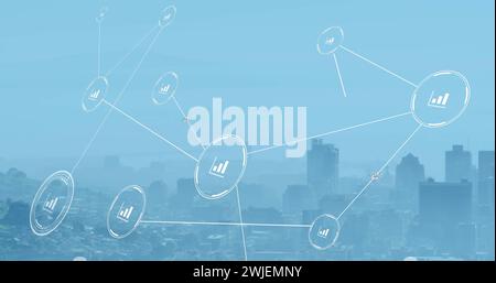 Image of network of conncetions with icons over cityscape Stock Photo