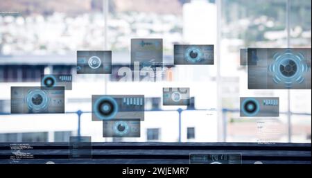 Image of data processing with scope scanning over cityscape Stock Photo