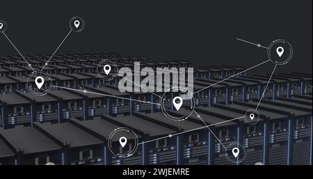 Image of network of conncetions with icons over server room Stock Photo