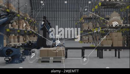 Image of network of conncetions with icons over boxes on conveyor belt in warehouse Stock Photo