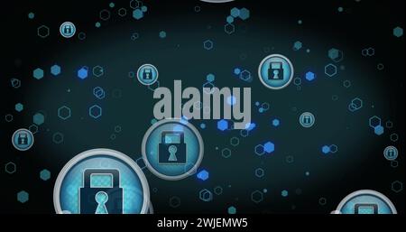 Image of padlock icons over shapes on black background Stock Photo