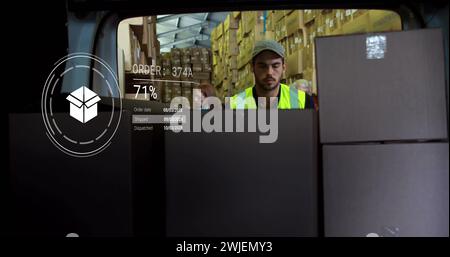 Image of icons with data processing over caucasian delivery man in warehouse Stock Photo