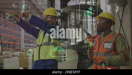 Image of eco icons and data processing over diverse people working in warehouse Stock Photo