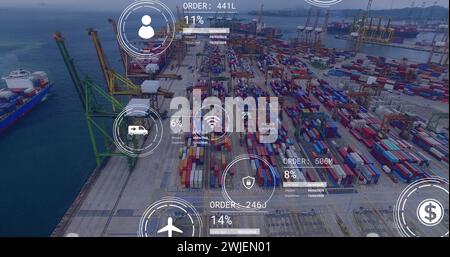 Image of icons with data processing over shipyard Stock Photo