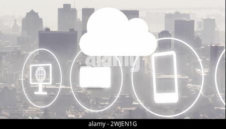 Image of cloud and data processing over city Stock Photo