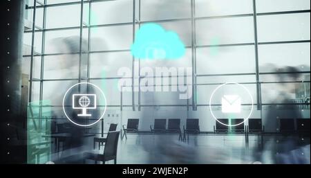 Image of cloud, connections and data processing over office Stock Photo