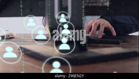 Image of icons and data processing over businessman using computer working in office Stock Photo