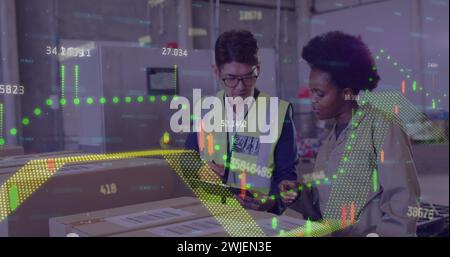 Image of financial data processing over diverse people working in warehouse Stock Photo