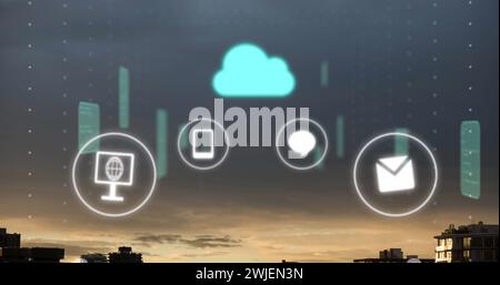 Image of cloud, connections and data processing over city Stock Photo
