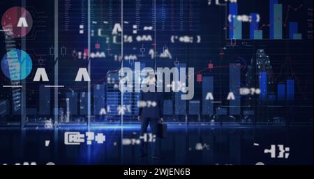 Image of digital interface with icons and data processing Stock Photo