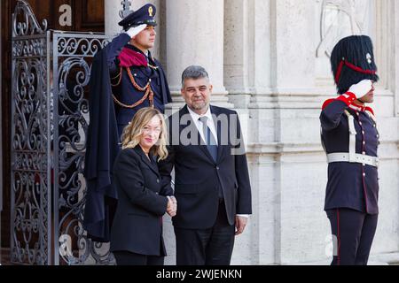 Roma, Italia. 15th Feb, 2024. Foto Roberto Monaldo/LaPresse15-02-2024 Roma Politica Villa Doria Pamphilj - Vertice intergovernativo Italia-Romania Nella foto Giorgia Meloni, Marcel Ciolacu (PM Romania) 15-02-2024 Rome (Italy) Politics Villa Doria Pamphilj - Italy-Romania intergovernmental summitIn the pic Giorgia Meloni, Marcel Ciolacu Credit: LaPresse/Alamy Live News Stock Photo