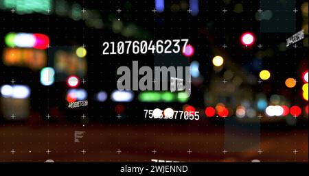 Digital composite image of multiple changing numbers against night city traffic Stock Photo
