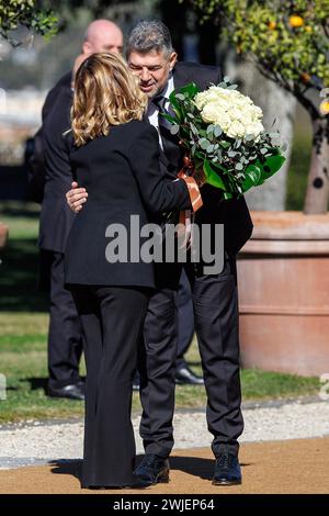 Roma, Italia. 15th Feb, 2024. Foto Roberto Monaldo/LaPresse15-02-2024 Roma Politica Villa Doria Pamphilj - Vertice intergovernativo Italia-Romania Nella foto Giorgia Meloni, Marcel Ciolacu (PM Romania) 15-02-2024 Rome (Italy) Politics Villa Doria Pamphilj - Italy-Romania intergovernmental summitIn the pic Giorgia Meloni, Marcel Ciolacu Credit: LaPresse/Alamy Live News Stock Photo