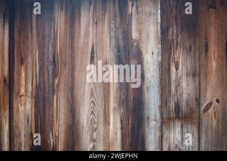 Wooden plank wall background for design and decoration. Empty space. Place for text. Old hardwood material. Dark faded worn table. Wooden textured, na Stock Photo