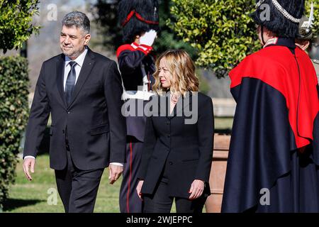 Roma, Italia. 15th Feb, 2024. Foto Roberto Monaldo/LaPresse15-02-2024 Roma Politica Villa Doria Pamphilj - Vertice intergovernativo Italia-Romania Nella foto Il Primo Ministro della Romania Marcel Ciolacu e Giorgia Meloni 15-02-2024 Rome (Italy) Politics Villa Doria Pamphilj - Italy-Romania intergovernmental summitIn the pic Marcel Ciolacu, Giorgia Meloni Credit: LaPresse/Alamy Live News Stock Photo