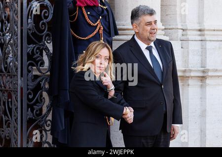 Roma, Italia. 15th Feb, 2024. Foto Roberto Monaldo/LaPresse15-02-2024 Roma Politica Villa Doria Pamphilj - Vertice intergovernativo Italia-Romania Nella foto Giorgia Meloni, Marcel Ciolacu (PM Romania) 15-02-2024 Rome (Italy) Politics Villa Doria Pamphilj - Italy-Romania intergovernmental summitIn the pic Giorgia Meloni, Marcel Ciolacu Credit: LaPresse/Alamy Live News Stock Photo