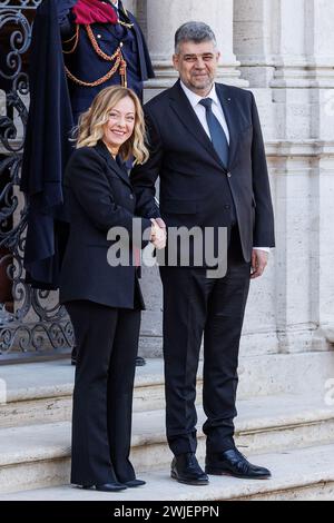 Roma, Italia. 15th Feb, 2024. Foto Roberto Monaldo/LaPresse15-02-2024 Roma Politica Villa Doria Pamphilj - Vertice intergovernativo Italia-Romania Nella foto Giorgia Meloni, Marcel Ciolacu (PM Romania) 15-02-2024 Rome (Italy) Politics Villa Doria Pamphilj - Italy-Romania intergovernmental summitIn the pic Giorgia Meloni, Marcel Ciolacu Credit: LaPresse/Alamy Live News Stock Photo