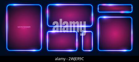 Neon frames with rounded edges with glow effects, highlights on a dark blue background. Stock Vector