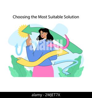 Choosing the most suitable solution concept. Confident woman selecting arrow with light amongst others. Clarity of picking best path. Confusion in decision making process. Flat vector illustration Stock Vector