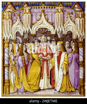 Wedding and marriage of Henry V of England (1386-1422) to Catherine of Valois (1401-1437), illuminated manuscript painting before 1494 Stock Photo