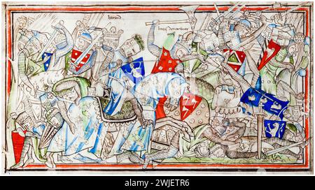 The Battle of Stamford Bridge (25th September 1066) fought between an English army under King Harold Godwinson (circa 1022-1066) and an invading Norwegian force led by King Harald Hardrada (circa 1015-1066) and the English king's brother Tostig Godwinson (circa 1029-1066), illuminated manuscript painting, 1250-1259 Stock Photo