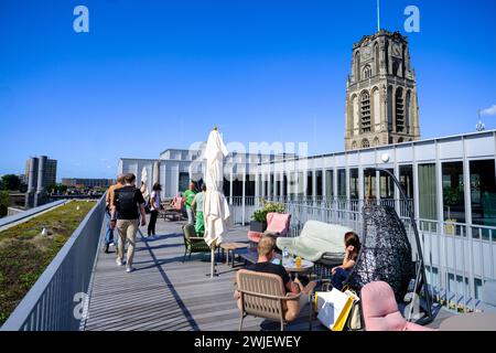 Netherlands, Rotterdam: St. Lawrence Church (Grote of Sint-Laurenskerk) in the city center viewed from the roof terrace of the Motel One Stock Photo
