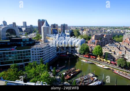 Netherlands, Rotterdam: the Old Harbour in the city center. In the background, the Cube Houses. Overview from the Witte Huis (White House) Stock Photo