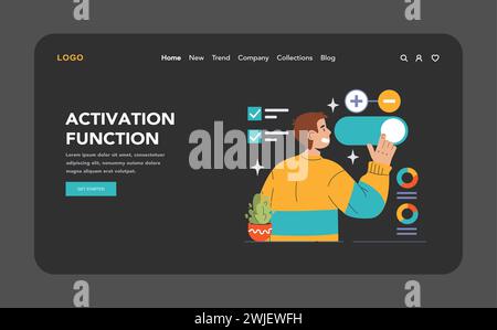 Activation Function concept. Enthusiastic man interacts with neural operations, selecting modes. Machine learning, neuron adjust. Flat vector illustration Stock Vector
