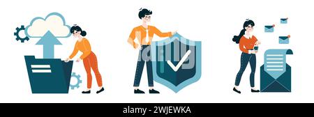 Data Security and Communication set. Professionals ensuring cybersecurity and managing correspondence. Cloud computing, secure data transfer, and network protection. Flat vector illustration Stock Vector