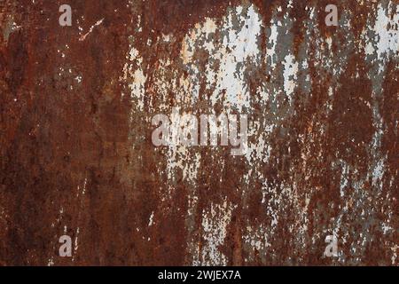 Texture of rusty old metal plate with cracked white paint. Stock Photo