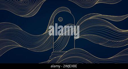 Vector gold luxury celestial background, line waves and arch with stairs and moon inside. Magic esoteric illustration Stock Vector
