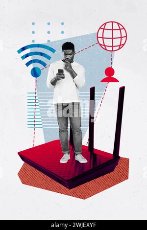 Composite collage image of wifi router connection problem confused young man internet wireless digital lan unusual fantasy billboard comics Stock Photo