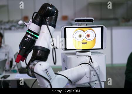 Turin, Italy - February 14, 2024: A new collaborative robot for manufacturing companies at the artificial intelligence trade show Stock Photo