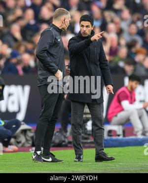 London, UK. 11th Feb, 2024 - West Ham United v Arsenal - Premier League - London Stadium.                                                                Arsenal Manager Mikel Arteta and fourth official Graham Scott.                     Picture Credit: Mark Pain / Alamy Live News Stock Photo