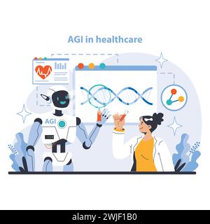 AGI concept. Revolutionizing healthcare with AI diagnostics and genetic research. Interactive AI aiding medical professionals. Flat vector illustration. Stock Vector