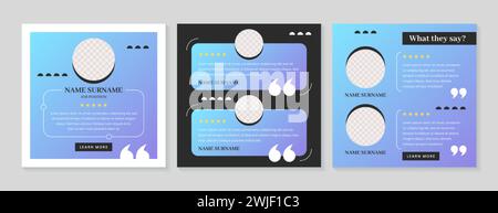 Customer review template, feedback story. Testimonial posts for social media or website. Web banners or stories collection design of client opinion with simple quote and star rating of satisfaction. Stock Vector