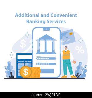 Mobile banking concept. Streamlined mobile banking experience with user-friendly financial tools and services. Enhanced access and financial control. Flat vector illustration. Stock Vector