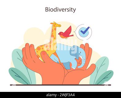 Earth's biological variety. Hands Cherishing diverse animal species. Balanced ecosystem, nature conservation and vitality. Flat vector illustration Stock Vector