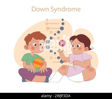 Down Syndrome concept. Children sharing a playful moment, with genetic markers. Awareness and inclusivity in childhood. Stock Vector