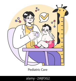 Pediatric Care concept. Ensuring child health development and milestones. Focus on early life medical attention. Flat vector illustration. Stock Vector