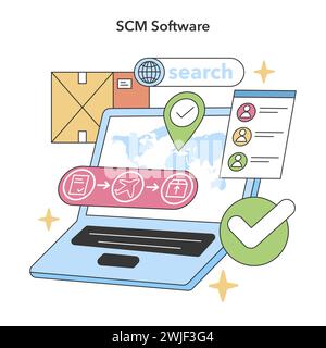 SCM Software concept. Advanced digital solution for global supply chain tracking and management. Interactive technology. Flat vector illustration Stock Vector