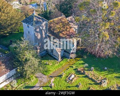 aerial view of the tiny st catherine of siena church in cocking west sussex, parts of which date from the 11th century Stock Photo