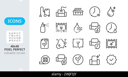 Furniture upholstery dry cleaning icons. Home hygiene. Sofa, armchair and pillow with spray extractor machine. Linear icons with editable outline. Pixel perfect 48x48. Stock Vector